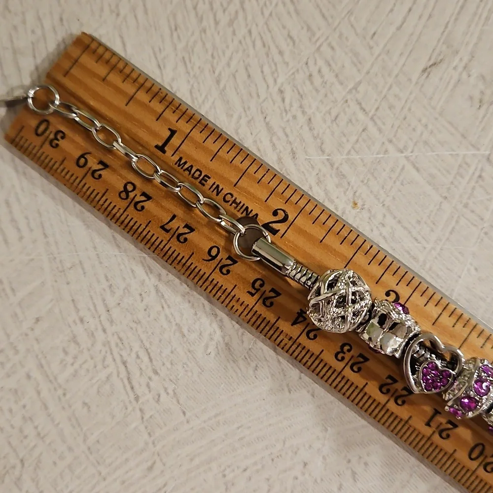 Birthstone bracelet silver tone with charms amethyst dark pink February October - Picture 4 of 10